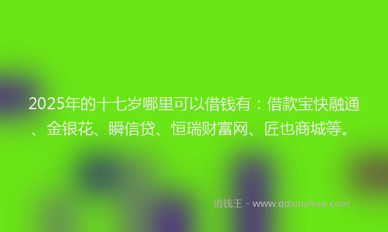 2025年的十七岁哪里可以借钱有：借款宝快融通、金银花、瞬信贷、恒瑞财富网、匠也商城等。