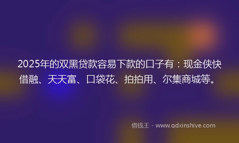 2025年的双黑贷款容易下款的口子有：现金侠快借融、天天富、口袋花、拍拍用、尔集商城等。