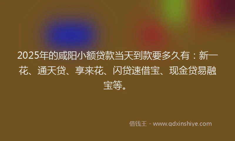 2025年的咸阳小额贷款当天到款要多久有：新一花、通天贷、享来花、闪贷速借宝、现金贷易融宝等。