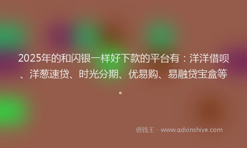 2025年的和闪银一样好下款的平台有：洋洋借呗、洋葱速贷、时光分期、优易购、易融贷宝盒等。