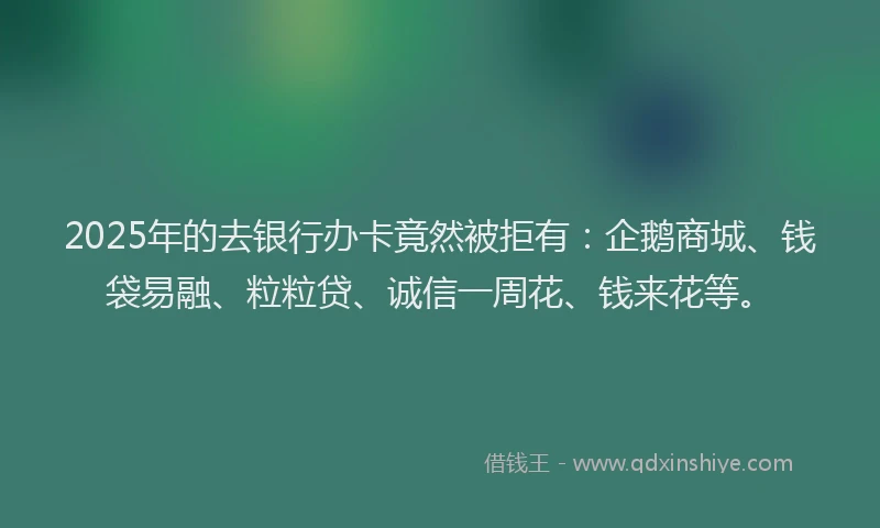 2025年的去银行办卡竟然被拒有：企鹅商城、钱袋易融、粒粒贷、诚信一周花、钱来花等。