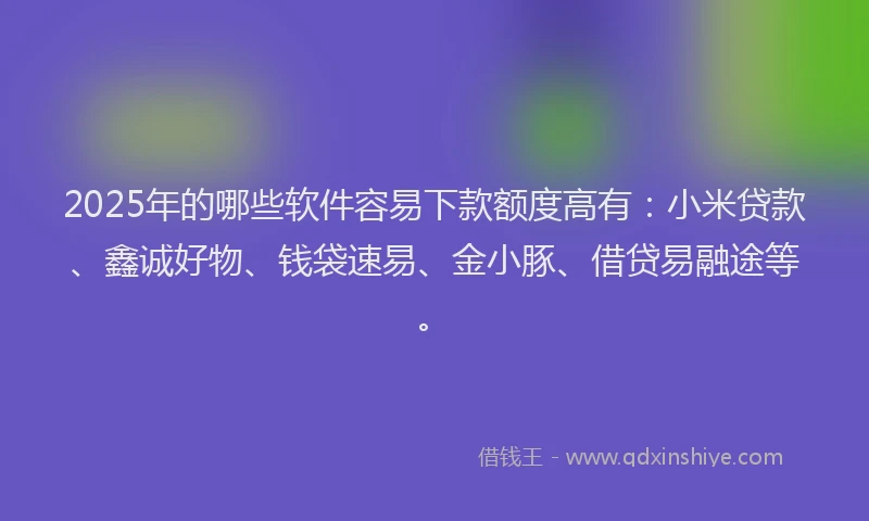 2025年的哪些软件容易下款额度高有：小米贷款、鑫诚好物、钱袋速易、金小豚、借贷易融途等。