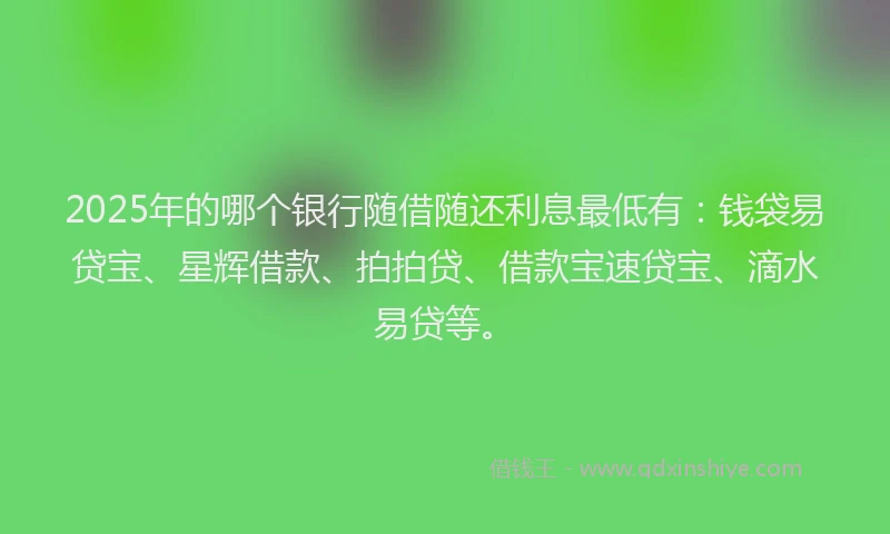 2025年的哪个银行随借随还利息最低有：钱袋易贷宝、星辉借款、拍拍贷、借款宝速贷宝、滴水易贷等。