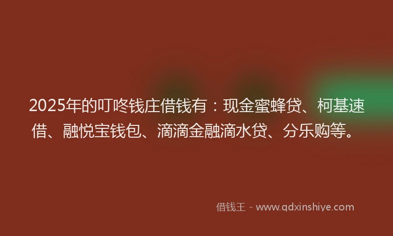 2025年的叮咚钱庄借钱有：现金蜜蜂贷、柯基速借、融悦宝钱包、滴滴金融滴水贷、分乐购等。