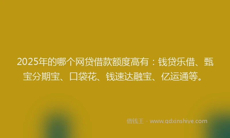 2025年的哪个网贷借款额度高有：钱贷乐借、甄宝分期宝、口袋花、钱速达融宝、亿运通等。