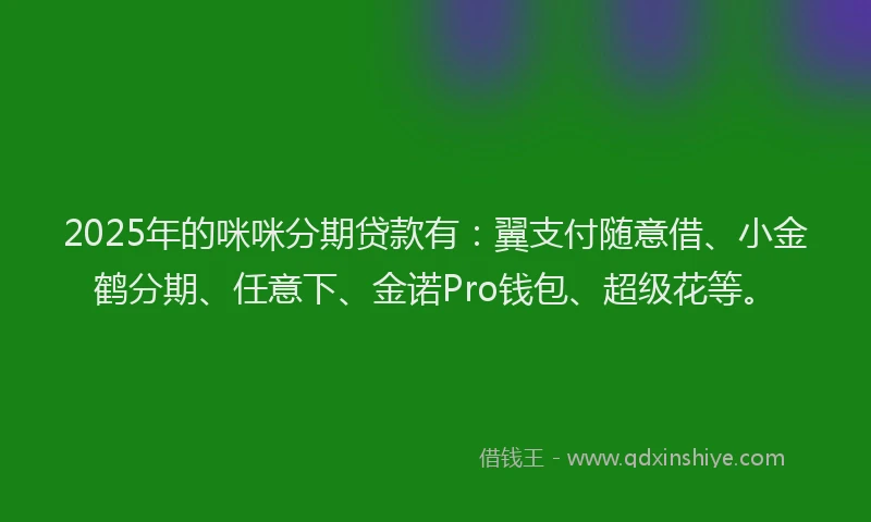 2025年的咪咪分期贷款有：翼支付随意借、小金鹤分期、任意下、金诺Pro钱包、超级花等。