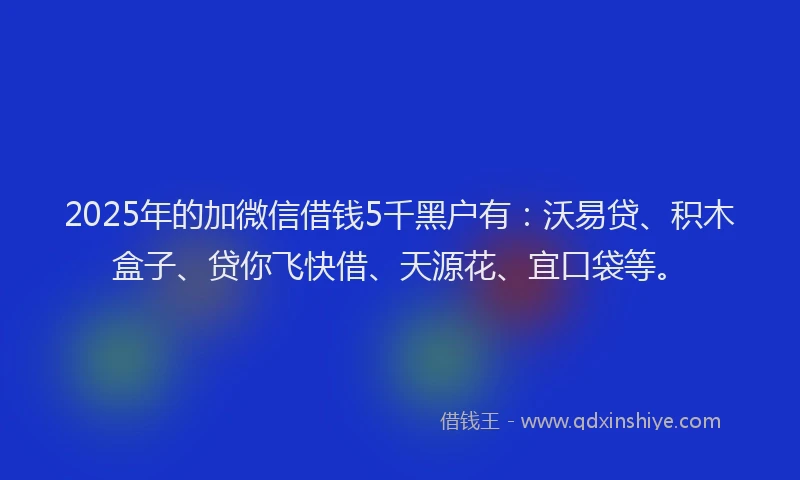 2025年的加微信借钱5千黑户有：沃易贷、积木盒子、贷你飞快借、天源花、宜口袋等。