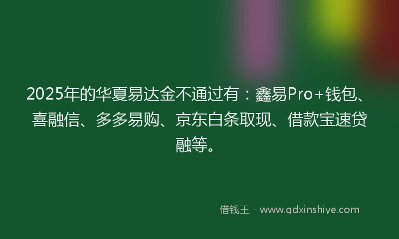 2025年的华夏易达金不通过有：鑫易Pro+钱包、喜融信、多多易购、京东白条取现、借款宝速贷融等。