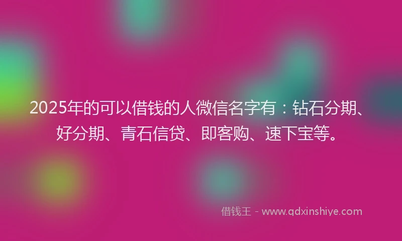 2025年的可以借钱的人微信名字有：钻石分期、好分期、青石信贷、即客购、速下宝等。