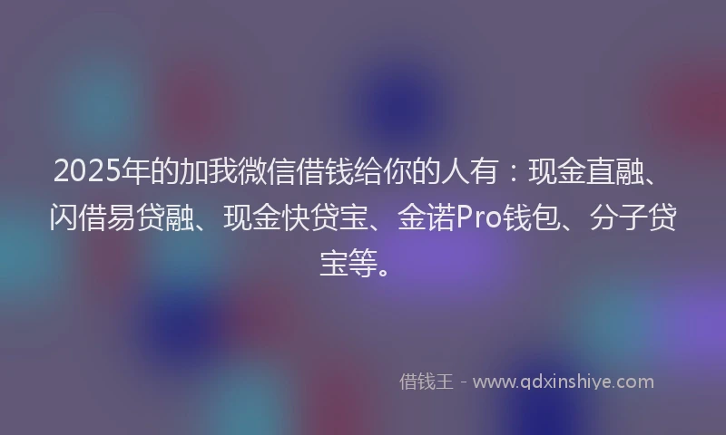 2025年的加我微信借钱给你的人有：现金直融、闪借易贷融、现金快贷宝、金诺Pro钱包、分子贷宝等。
