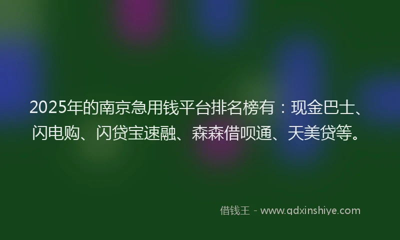 2025年的南京急用钱平台排名榜有：现金巴士、闪电购、闪贷宝速融、森森借呗通、天美贷等。