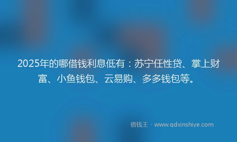 2025年的哪借钱利息低有：苏宁任性贷、掌上财富、小鱼钱包、云易购、多多钱包等。