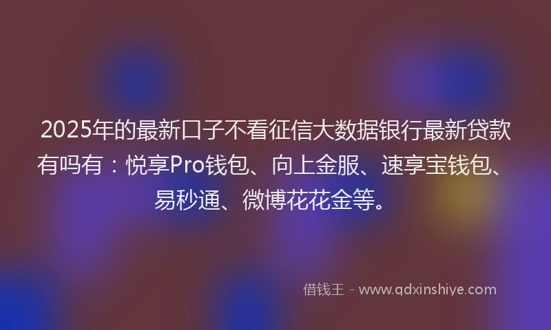 2025年的最新口子不看征信大数据银行最新贷款有吗有：悦享Pro钱包、向上金服、速享宝钱包、易秒通、微博花花金等。