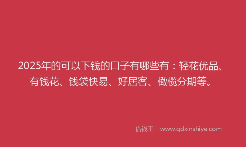 2025年的可以下钱的口子有哪些有：轻花优品、有钱花、钱袋快易、好居客、橄榄分期等。
