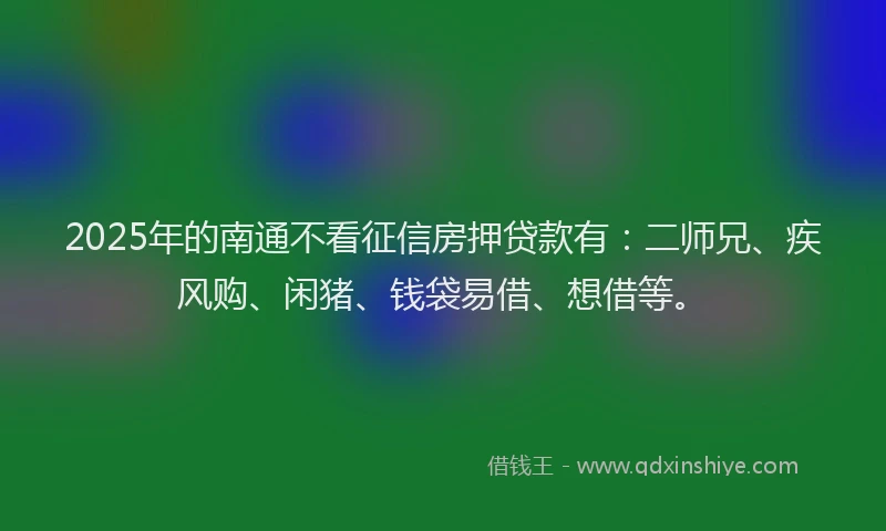 2025年的南通不看征信房押贷款有：二师兄、疾风购、闲猪、钱袋易借、想借等。