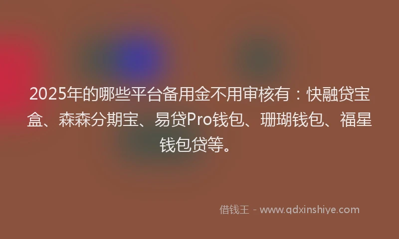 2025年的哪些平台备用金不用审核有：快融贷宝盒、森森分期宝、易贷Pro钱包、珊瑚钱包、福星钱包贷等。