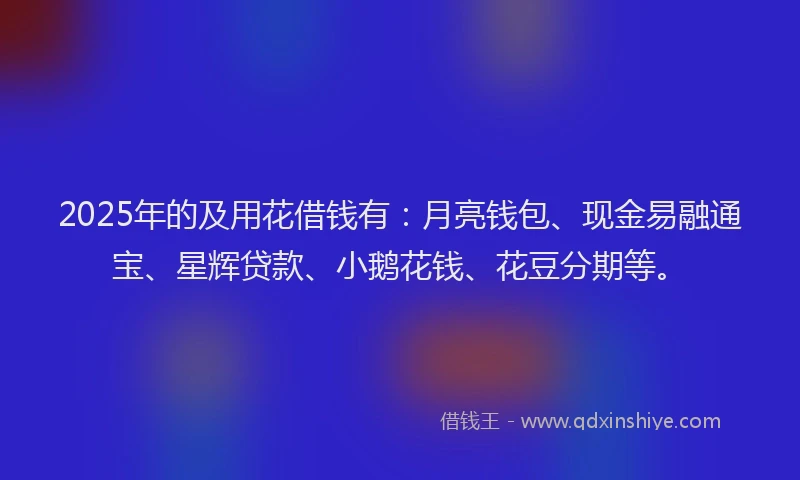2025年的及用花借钱有：月亮钱包、现金易融通宝、星辉贷款、小鹅花钱、花豆分期等。