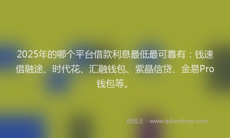 2025年的哪个平台借款利息最低最可靠有：钱速借融途、时代花、汇融钱包、紫晶信贷、金易Pro钱包等。