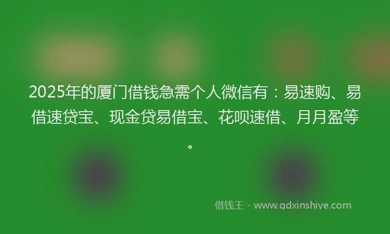 2025年的厦门借钱急需个人微信有：易速购、易借速贷宝、现金贷易借宝、花呗速借、月月盈等。