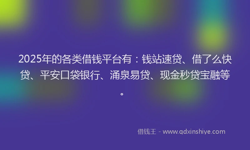 2025年的各类借钱平台有：钱站速贷、借了么快贷、平安口袋银行、涌泉易贷、现金秒贷宝融等。