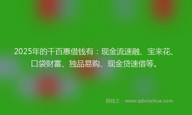 2025年的千百惠借钱有：现金流速融、宝来花、口袋财富、独品易购、现金贷速借等。
