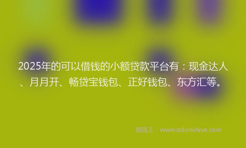 2025年的可以借钱的小额贷款平台有：现金达人、月月开、畅贷宝钱包、正好钱包、东方汇等。