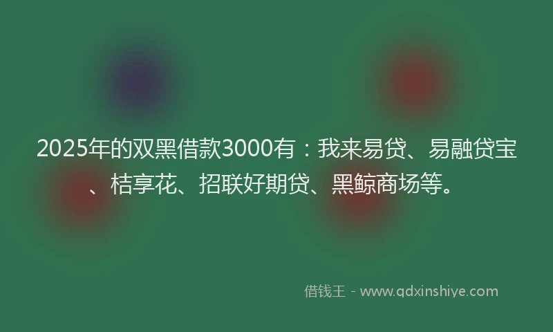 2025年的双黑借款3000有：我来易贷、易融贷宝、桔享花、招联好期贷、黑鲸商场等。
