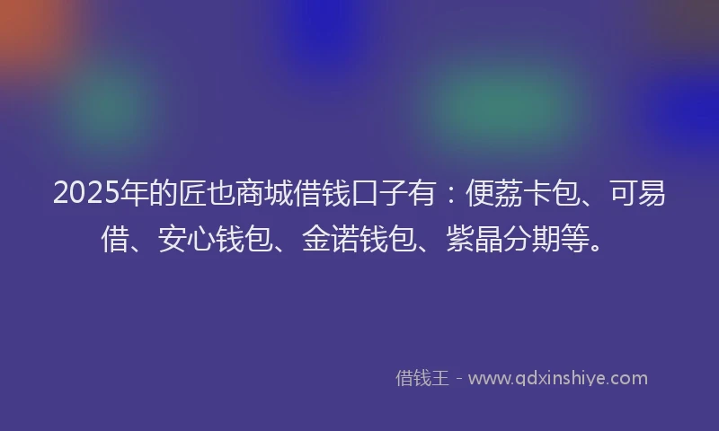 2025年的匠也商城借钱口子有：便荔卡包、可易借、安心钱包、金诺钱包、紫晶分期等。