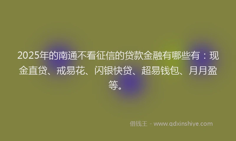 2025年的南通不看征信的贷款金融有哪些有：现金直贷、戒易花、闪银快贷、超易钱包、月月盈等。