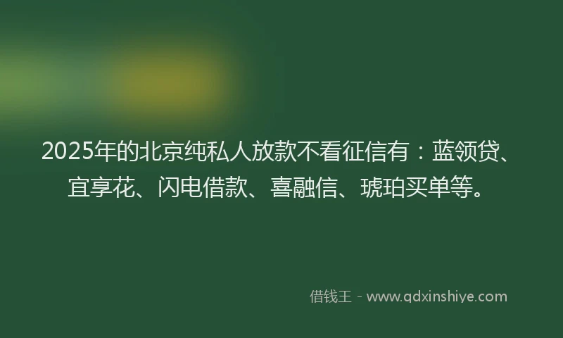 2025年的北京纯私人放款不看征信有：蓝领贷、宜享花、闪电借款、喜融信、琥珀买单等。
