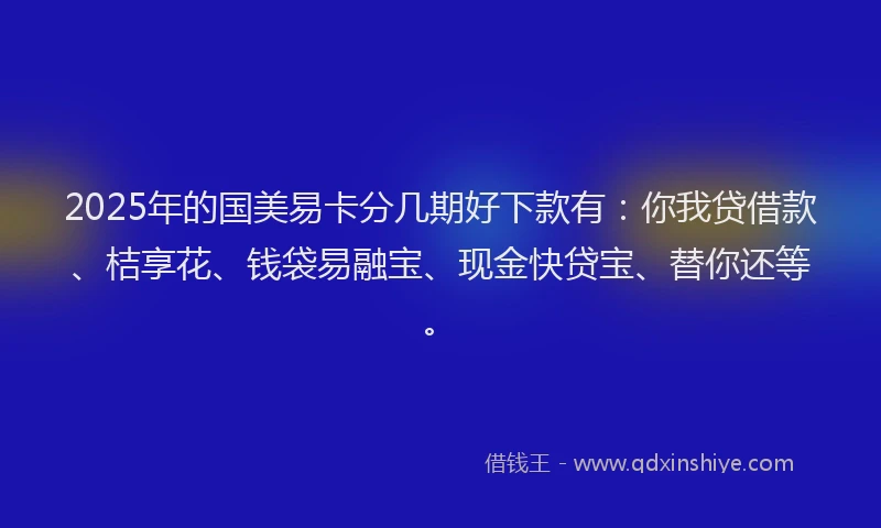 2025年的国美易卡分几期好下款有：你我贷借款、桔享花、钱袋易融宝、现金快贷宝、替你还等。