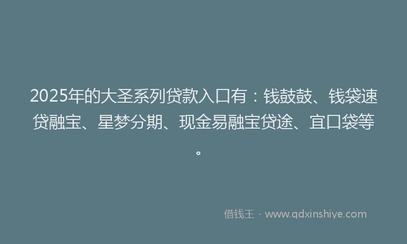 2025年的大圣系列贷款入口有：钱鼓鼓、钱袋速贷融宝、星梦分期、现金易融宝贷途、宜口袋等。