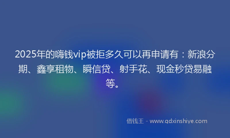 2025年的嗨钱vip被拒多久可以再申请有：新浪分期、鑫享租物、瞬信贷、射手花、现金秒贷易融等。