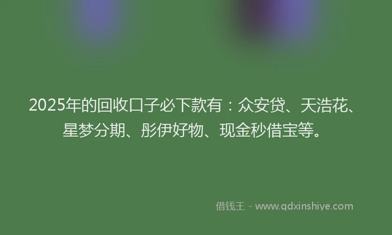 2025年的回收口子必下款有：众安贷、天浩花、星梦分期、彤伊好物、现金秒借宝等。