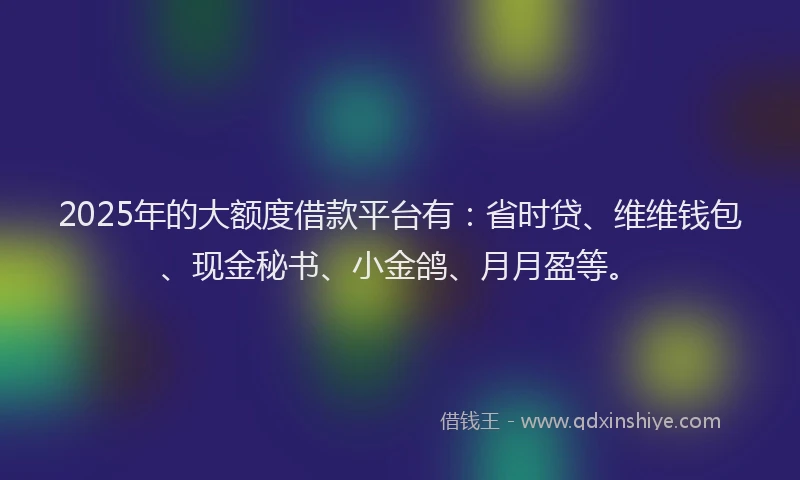 2025年的大额度借款平台有：省时贷、维维钱包、现金秘书、小金鸽、月月盈等。