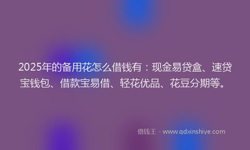 2025年的备用花怎么借钱有：现金易贷盒、速贷宝钱包、借款宝易借、轻花优品、花豆分期等。