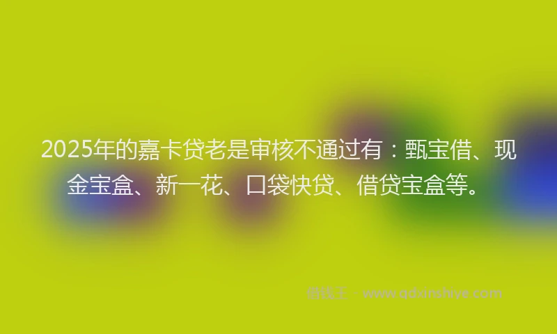 2025年的嘉卡贷老是审核不通过有：甄宝借、现金宝盒、新一花、口袋快贷、借贷宝盒等。