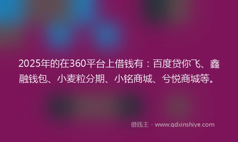 2025年的在360平台上借钱有：百度贷你飞、鑫融钱包、小麦粒分期、小铭商城、兮悦商城等。