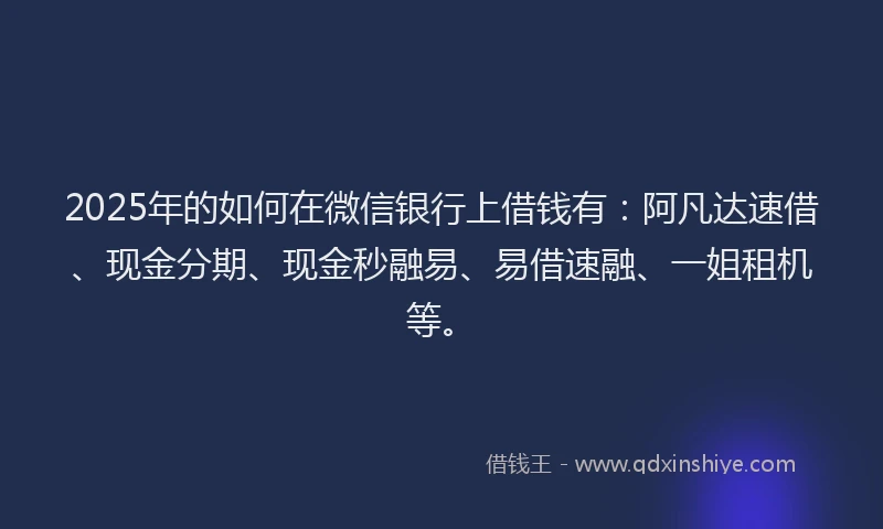 2025年的如何在微信银行上借钱有：阿凡达速借、现金分期、现金秒融易、易借速融、一姐租机等。