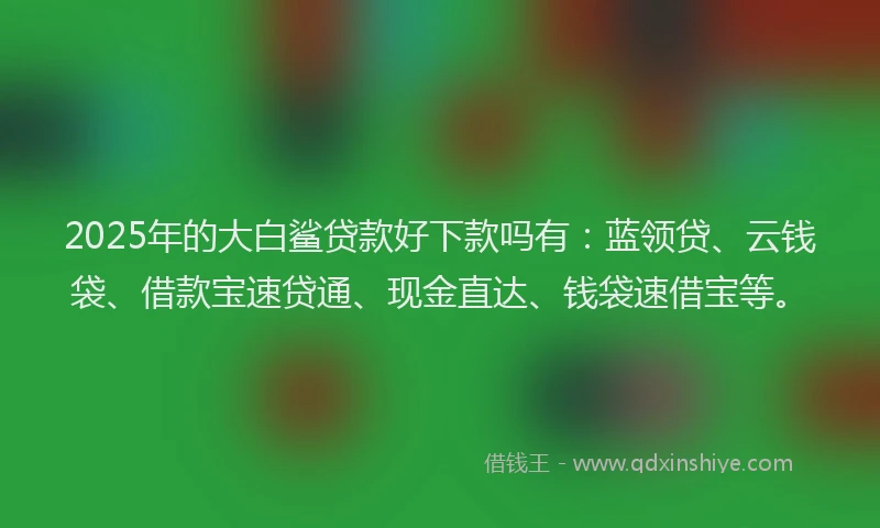 2025年的大白鲨贷款好下款吗有：蓝领贷、云钱袋、借款宝速贷通、现金直达、钱袋速借宝等。