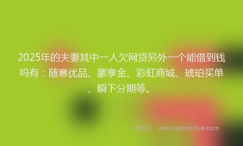 2025年的夫妻其中一人欠网贷另外一个能借到钱吗有：随意优品、蒙享金、彩虹商城、琥珀买单、瞬下分期等。
