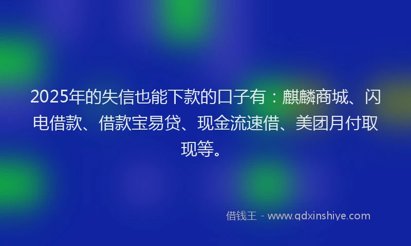 2025年的失信也能下款的口子有：麒麟商城、闪电借款、借款宝易贷、现金流速借、美团月付取现等。
