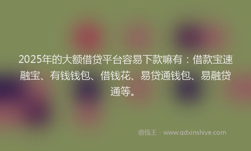 2025年的大额借贷平台容易下款嘛有：借款宝速融宝、有钱钱包、借钱花、易贷通钱包、易融贷通等。