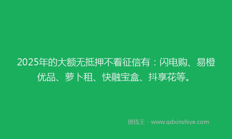 2025年的大额无抵押不看征信有：闪电购、易橙优品、萝卜租、快融宝盒、抖享花等。