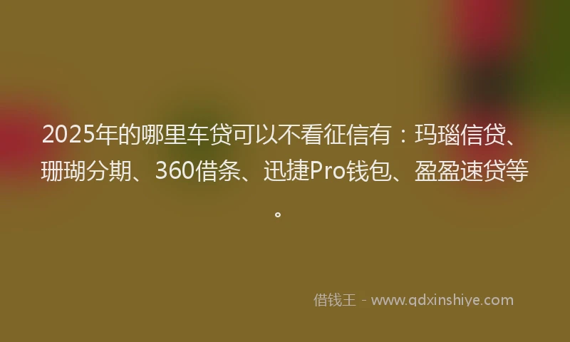 2025年的哪里车贷可以不看征信有：玛瑙信贷、珊瑚分期、360借条、迅捷Pro钱包、盈盈速贷等。