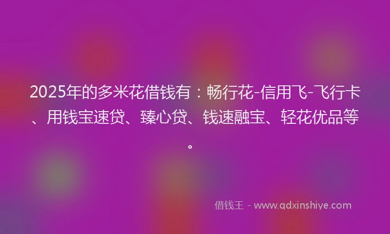 2025年的多米花借钱有：畅行花-信用飞-飞行卡、用钱宝速贷、臻心贷、钱速融宝、轻花优品等。