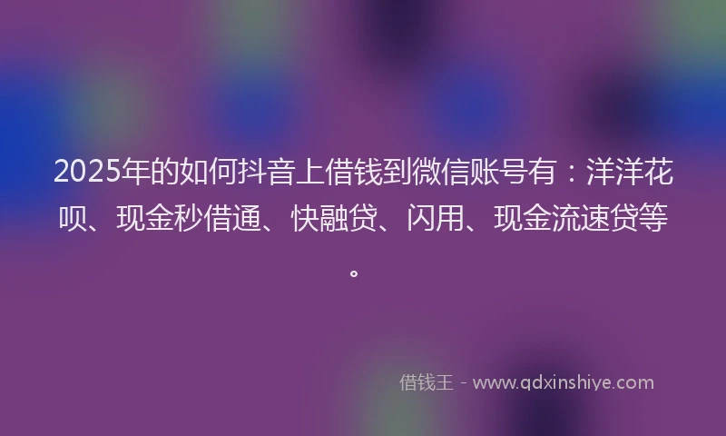 2025年的如何抖音上借钱到微信账号有：洋洋花呗、现金秒借通、快融贷、闪用、现金流速贷等。