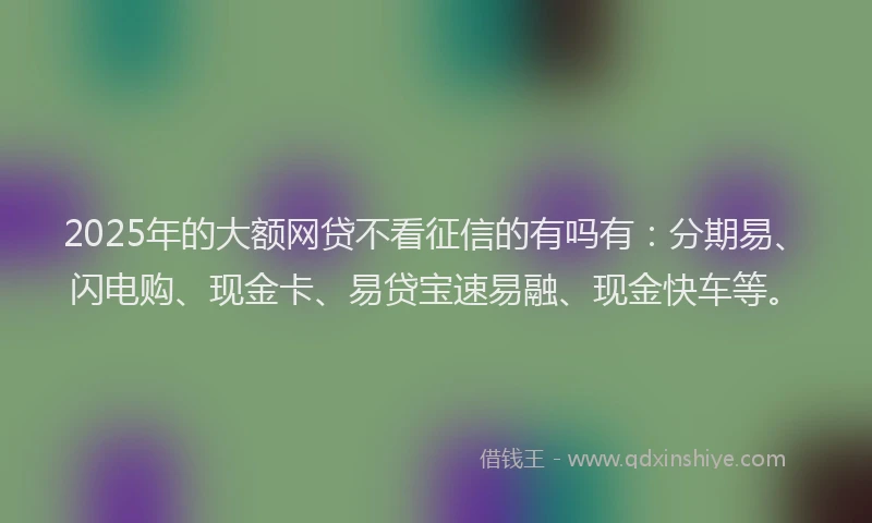 2025年的大额网贷不看征信的有吗有：分期易、闪电购、现金卡、易贷宝速易融、现金快车等。