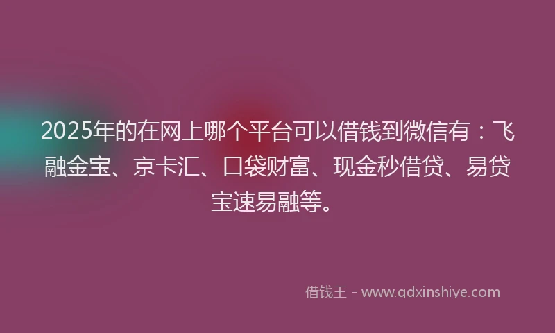 2025年的在网上哪个平台可以借钱到微信有：飞融金宝、京卡汇、口袋财富、现金秒借贷、易贷宝速易融等。