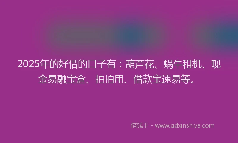 2025年的好借的口子有：葫芦花、蜗牛租机、现金易融宝盒、拍拍用、借款宝速易等。